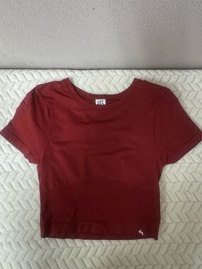 JoyLab Short Sleeve Ribbed Hem Crop Top in Wine Red
